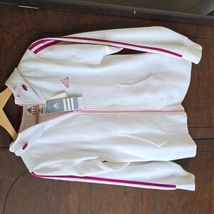 Adidas Pink Striped White Full Zip Hooded Jacket, Size Small, has original tags